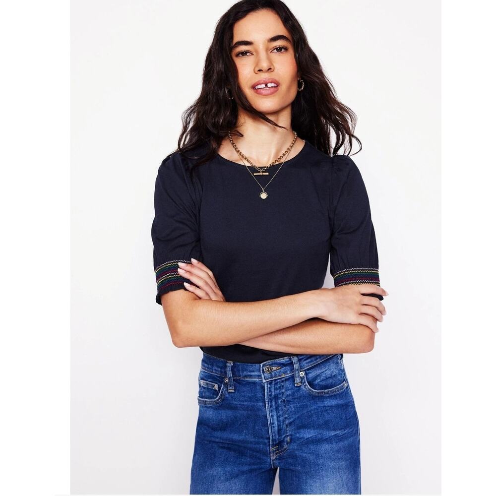 Boden Blue Cotton Tencel Short Embroidered Sleeve Smocked Cuff Top US 10